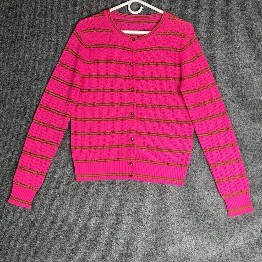Marc Jacobs Cashmere Cardigan Sweater Women M Hot Pink‎ Striped Ball Button